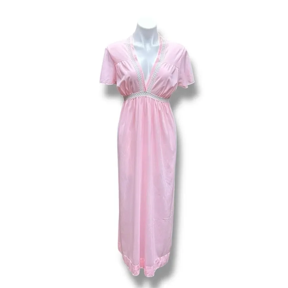 Vintage Rutledge Nightgown Pink Deep V Maxi Coquette Flutter Sleeves Womens Sz L - Picture 11 of 13